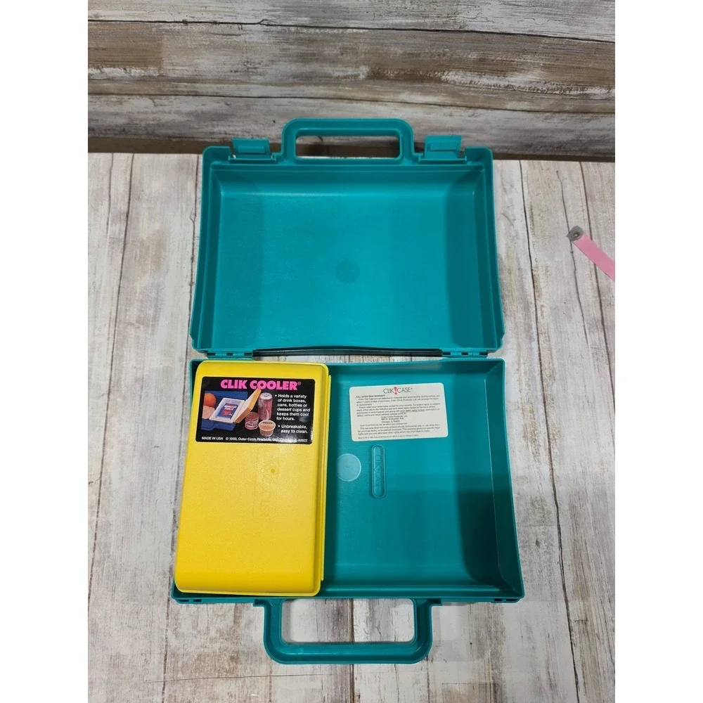 Vintage 1993 Clik Case Lunch Box Teal Yellow Clik Cooler Set Retro 90s USA Made